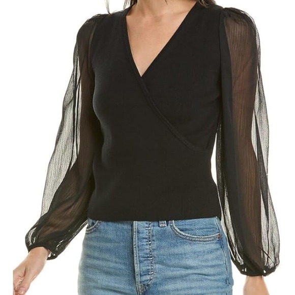 French Connection Black Wrap-Style Sweater Top Women's S Sheer Sleeve NWT - Picture 1 of 8